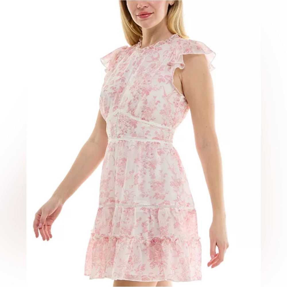 Trixxi Juniors' Flutter-Sleeve Tiered Mini White/Pink Floral Dress - Picture 3 of 8